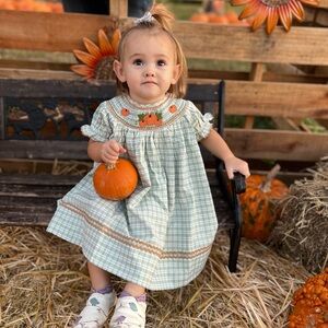 Sage Green Plaid Pumpkin Smocked Bishop Dress
